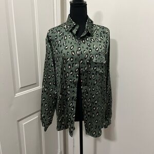 Pleione Green Leopard Print Blouse